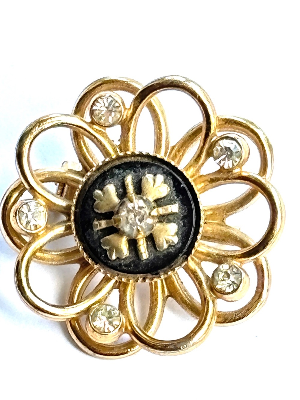 Coro Signed Vintage 1960s Victorian Revival Rhinestone Floral Brooch Gold Tone